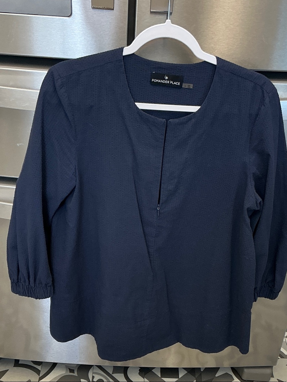 Pomander Place Navy Textured Split-Neck Blouse